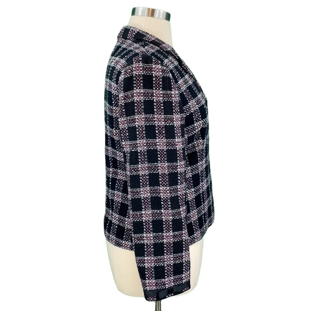 Requirements Petite Classic Black and Pink Plaid Tweed Jacket - Picture 6 of 14